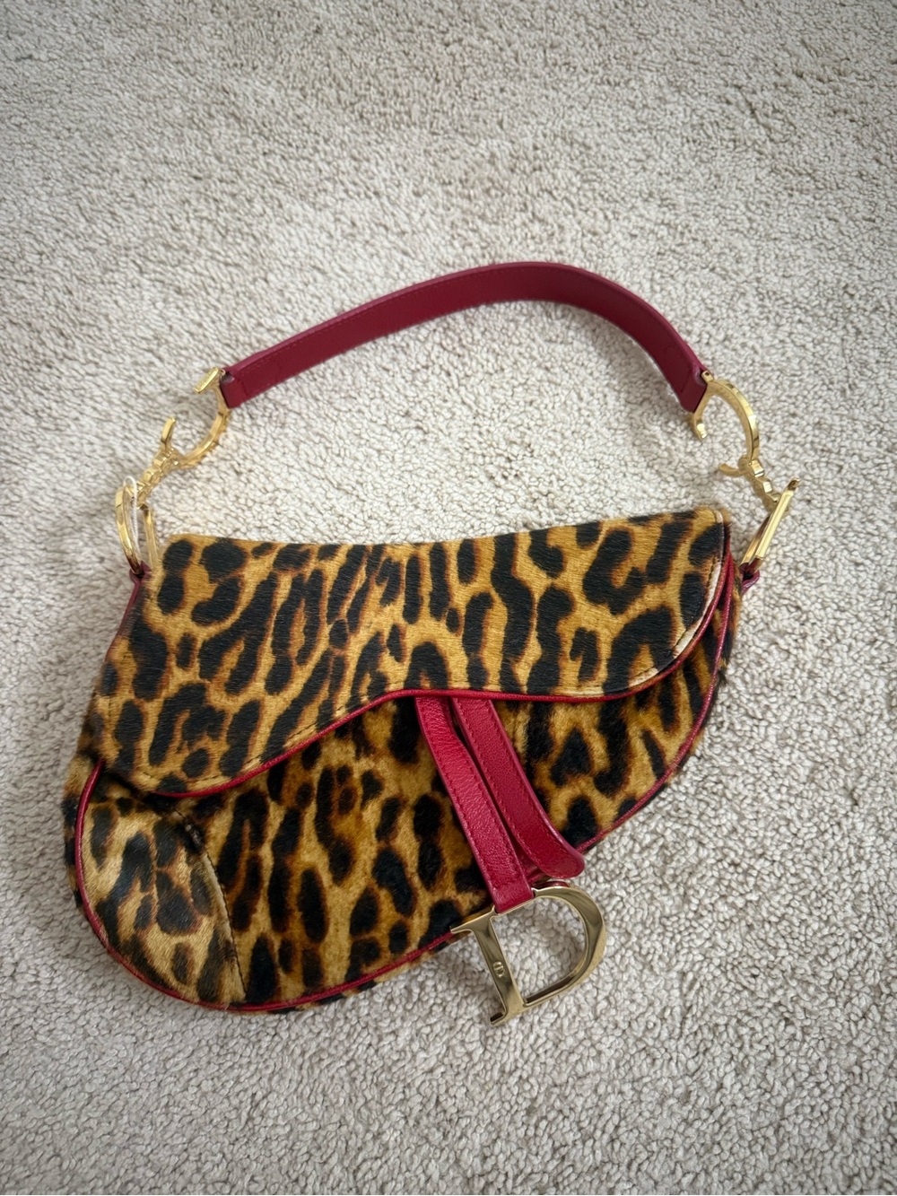 Dior Leopard Print Saddle Bag with Red Trim and Gold Hardware
